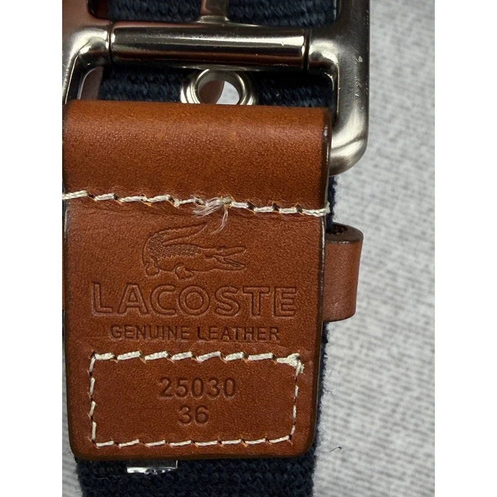 Lacoste Mens Navy Blue Webbed Belt Brown Leather Trim Logo Size 36